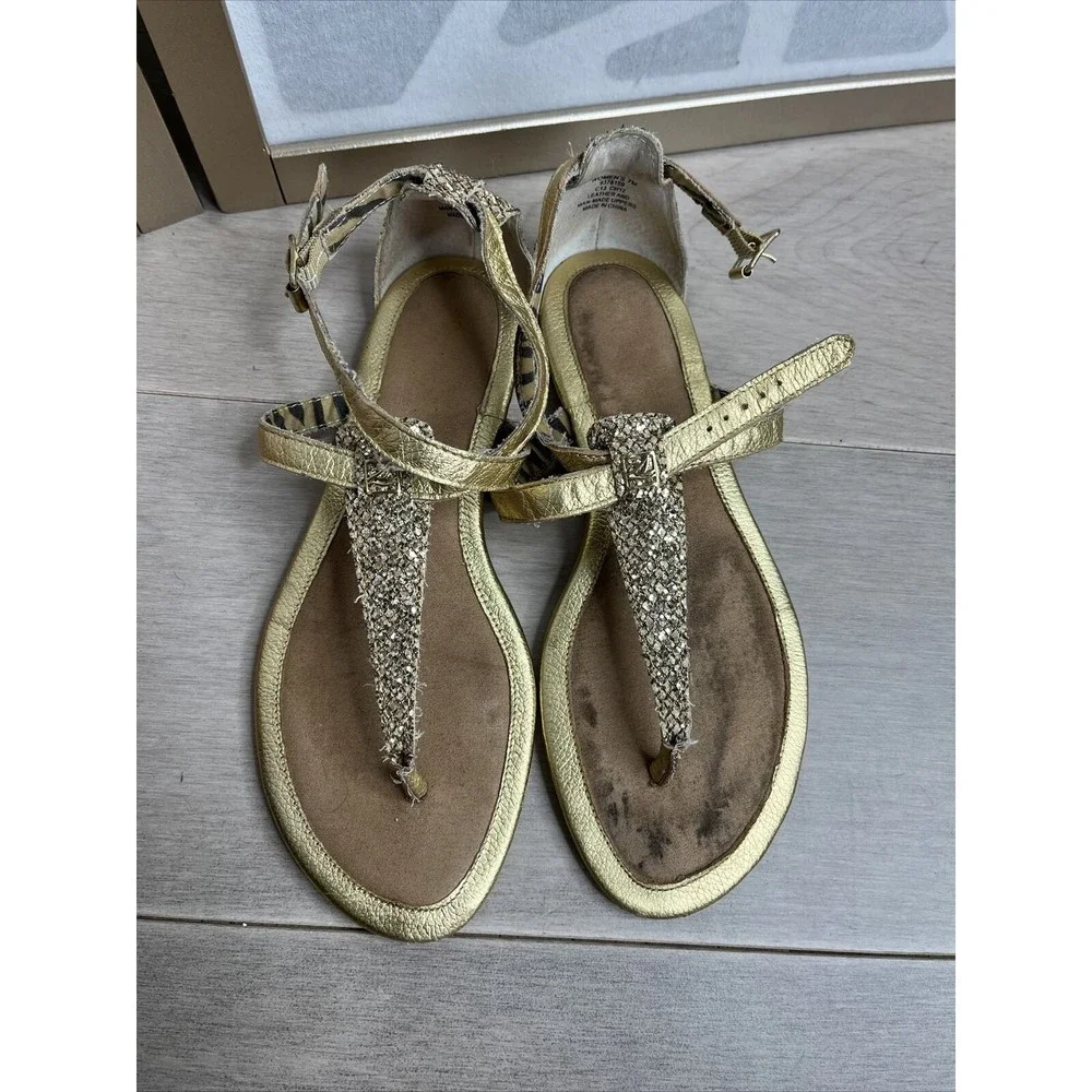 Sperry Top-Sider Women Summerlin Glitter T-Strap Sandals Gold Leather Flat 7 M